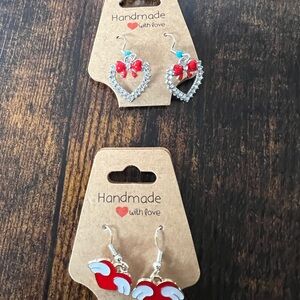 Red and Silver Heart Earrings Set